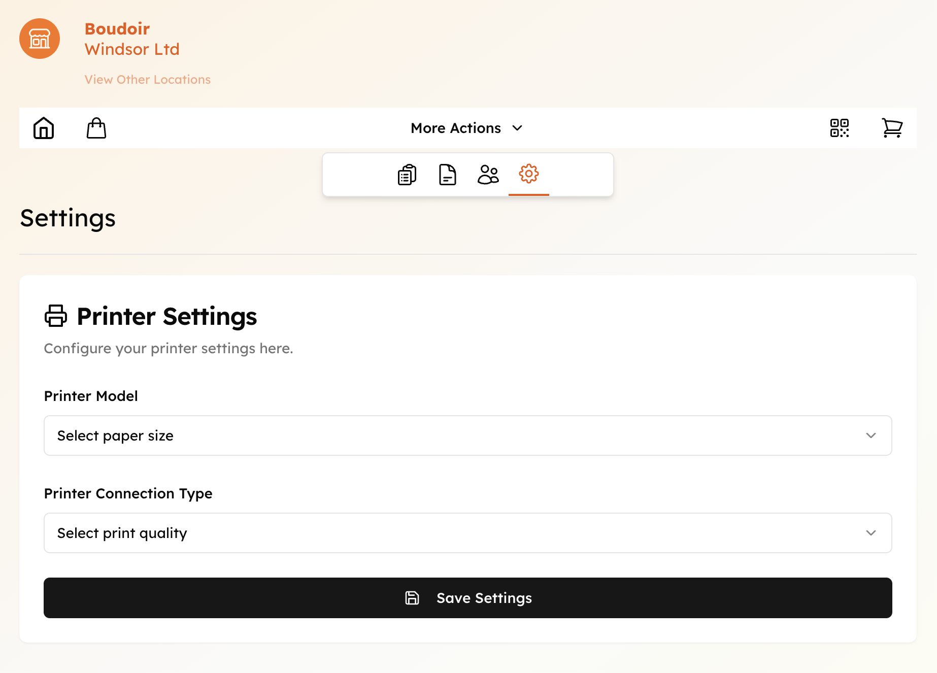 Settings screen for printer configuration